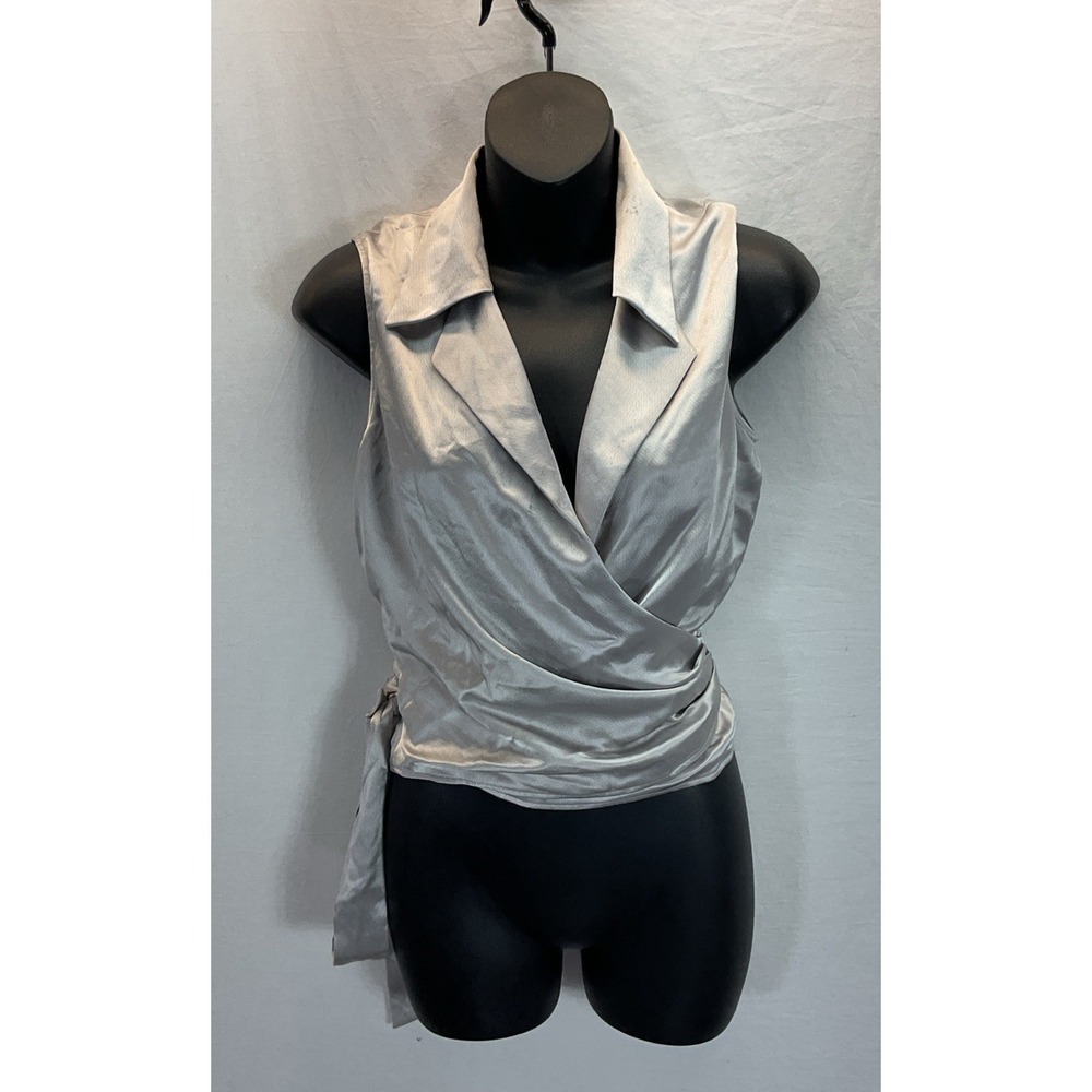 Badgley Mischka Silver Sleeveless Satin Wrap Blouse Sz 6 Office Luxury Party